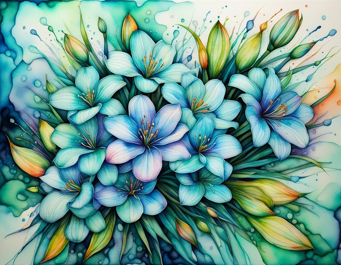 Zephyranthes in Watercolor and Ink with 3D Effect