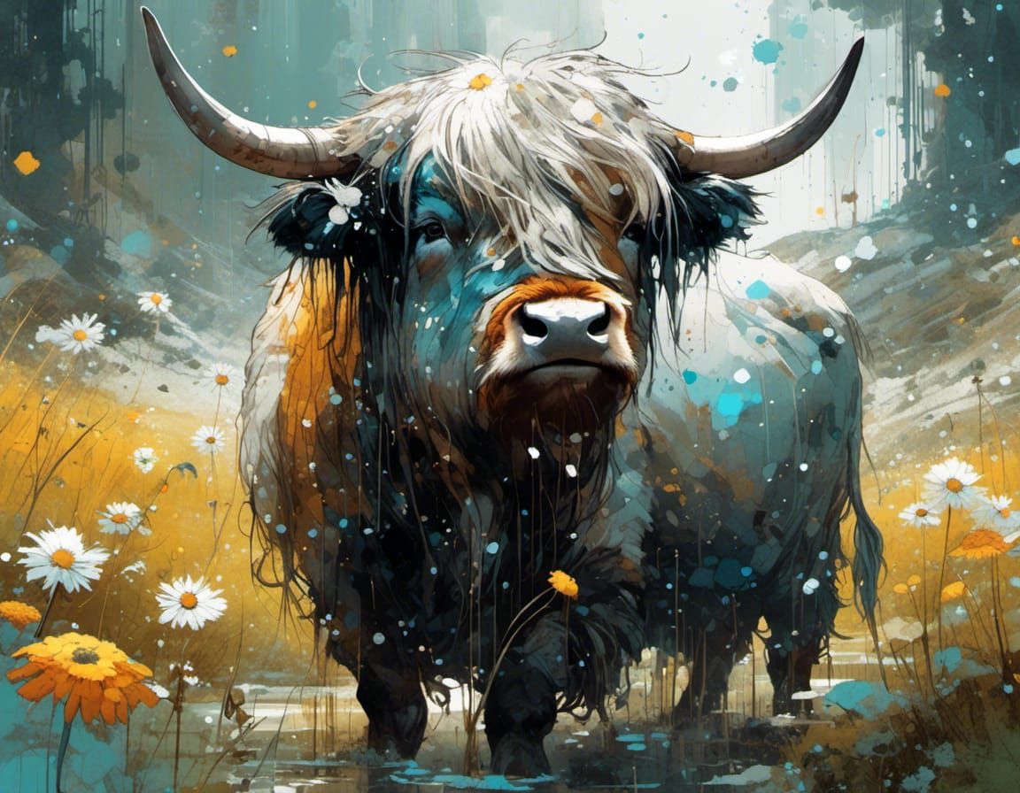 <lora:Make it Sparkle:1.0>A cute baby long haired Yak in a d...