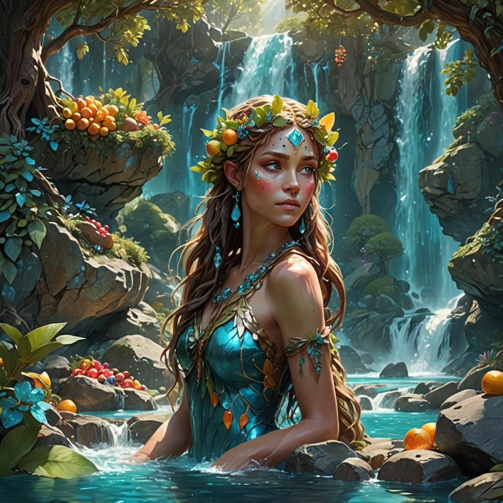 Enchanted forest surrounded by fruit trees and a turquoise b...