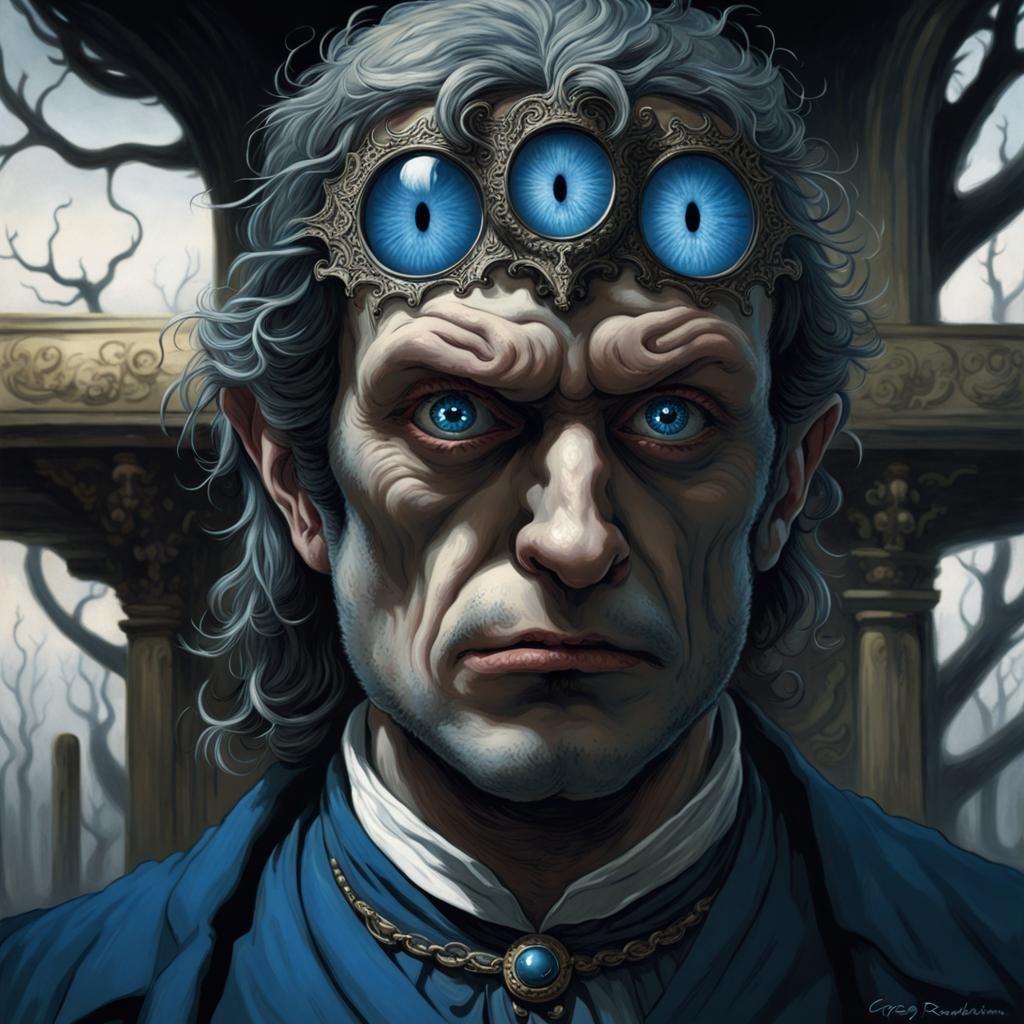 Menacing Figure with Blue Eyes in Gothic Horror Style