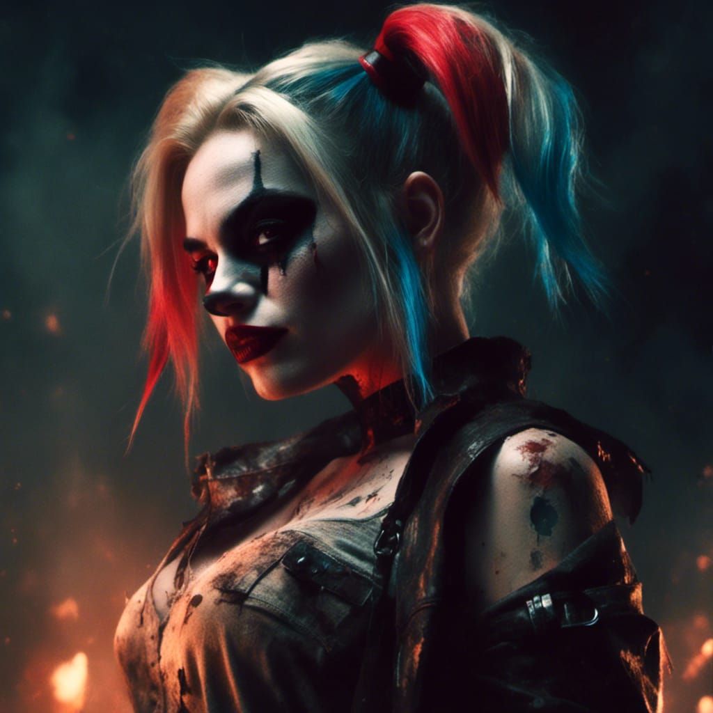 Evil Harley Quinn with Dark Smirk in Dramatic Lighting
