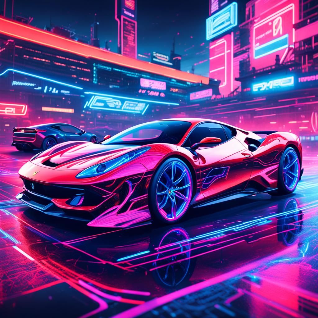 Ferrari Surrounded by Neural Circuit in Cyberpunk Style