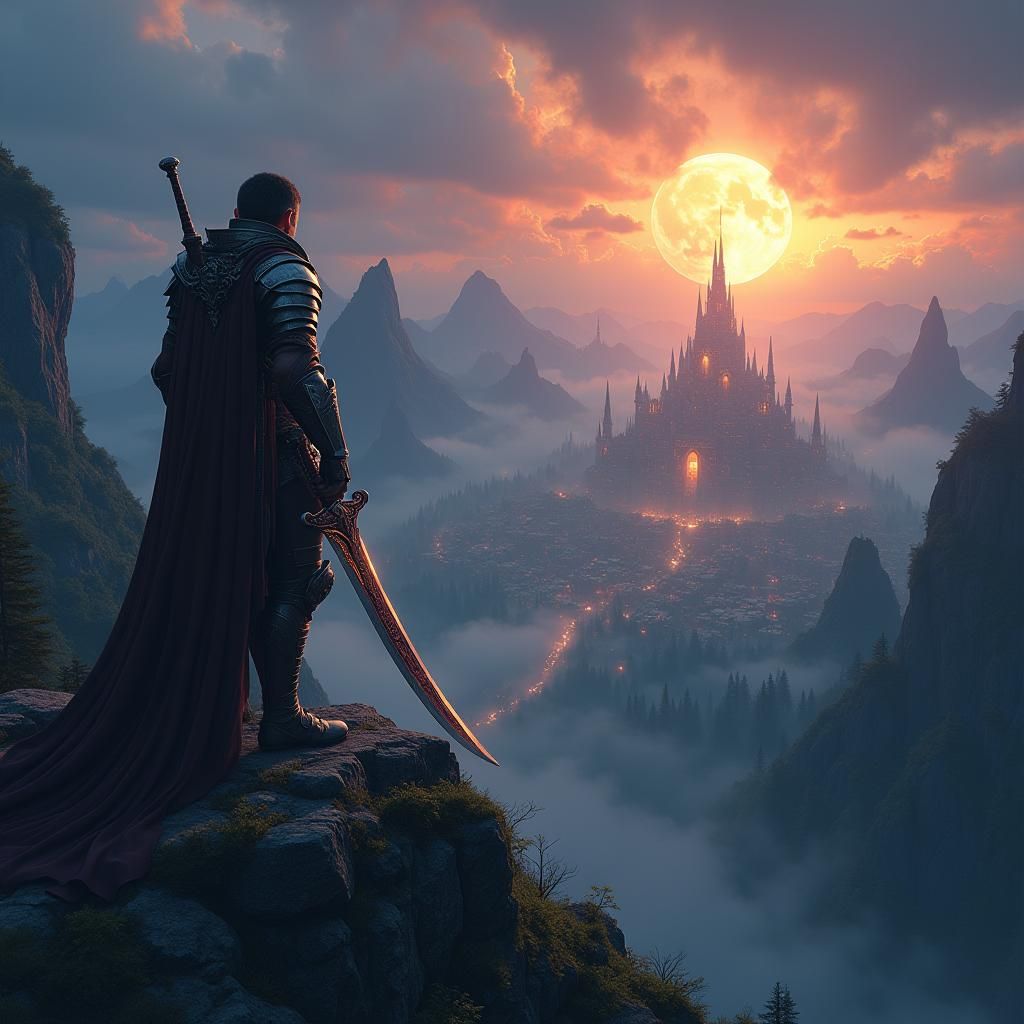 Heroic Warrior Overlooking Fantasy Cityscape