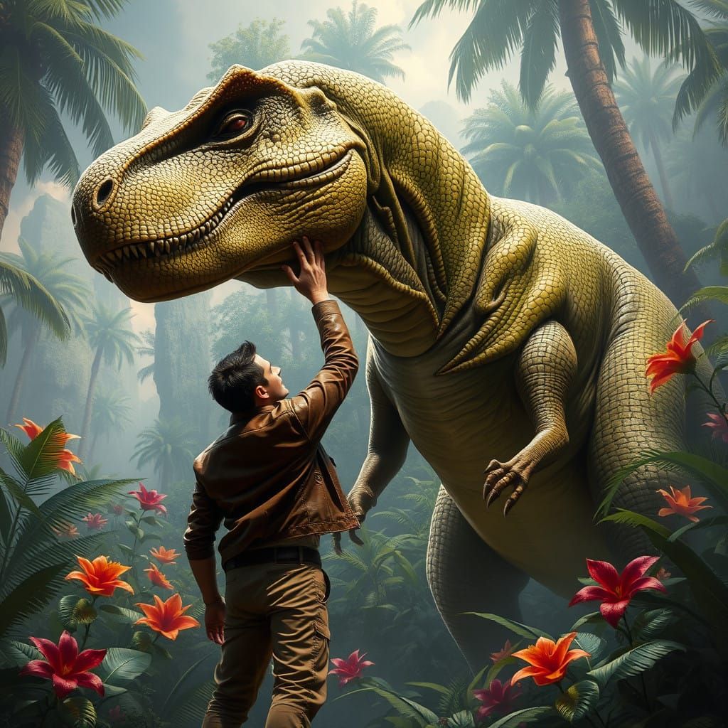 Gentle Giant: Man and T-Rex in Serene Jungle Moment