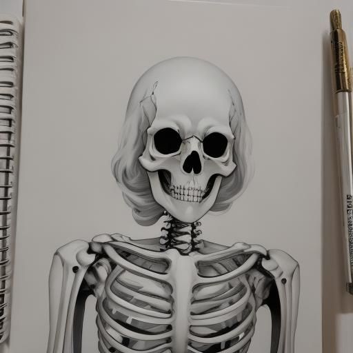 Manhwa Skeleton with Camellias in Gouache Style