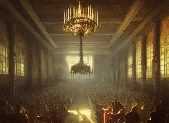 Sinister Lecture Hall with Golden Chandelier