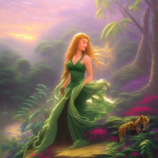 Woman in Emerald Dress in Jungle