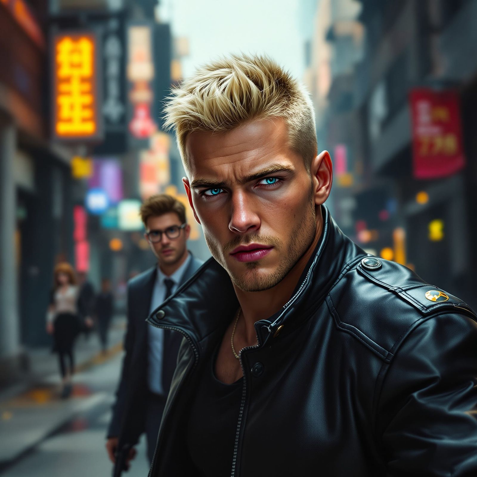 Hyperrealistic Image of Man Leading Through City Street