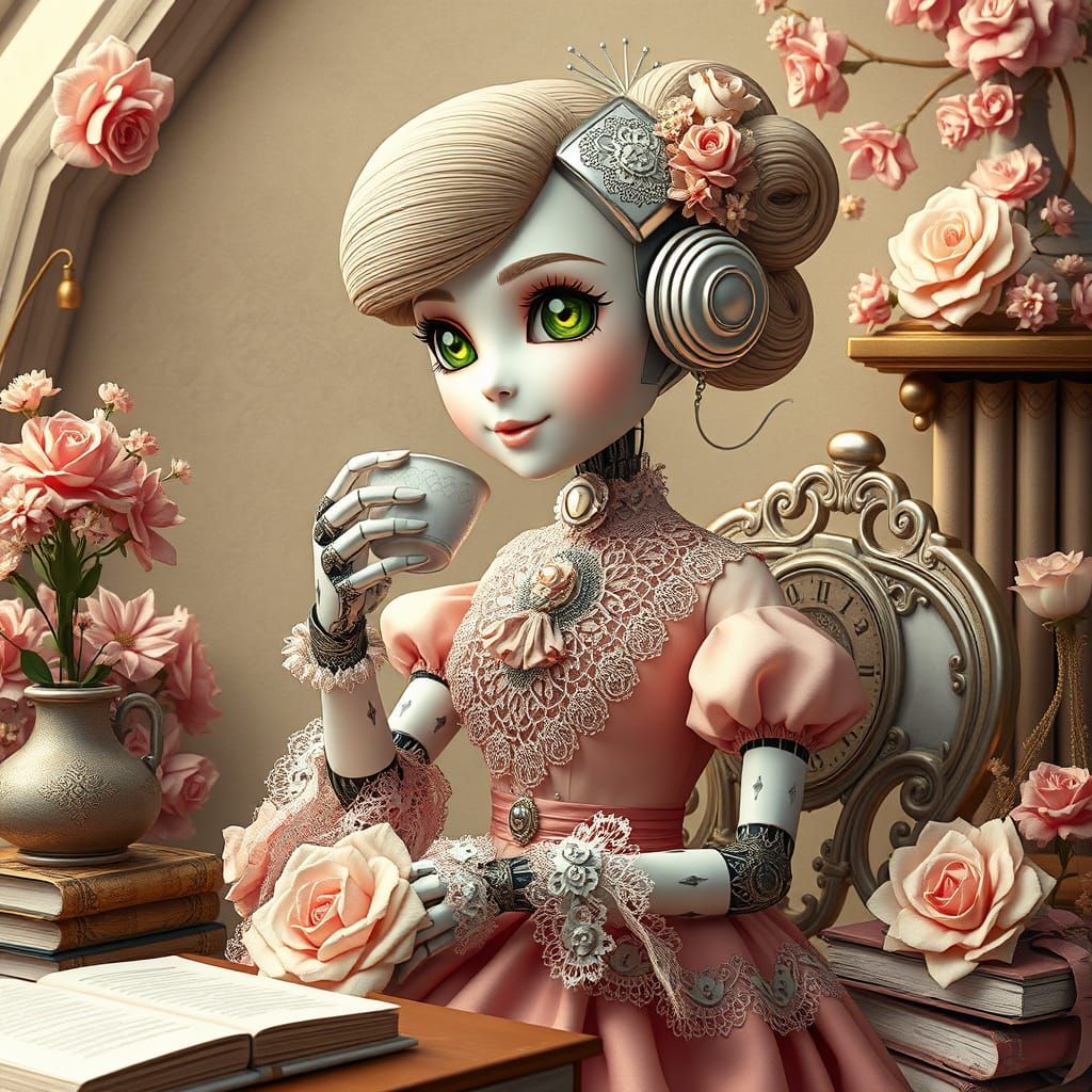 Steampunk Robot Sipping Tea in Futuristic Setting