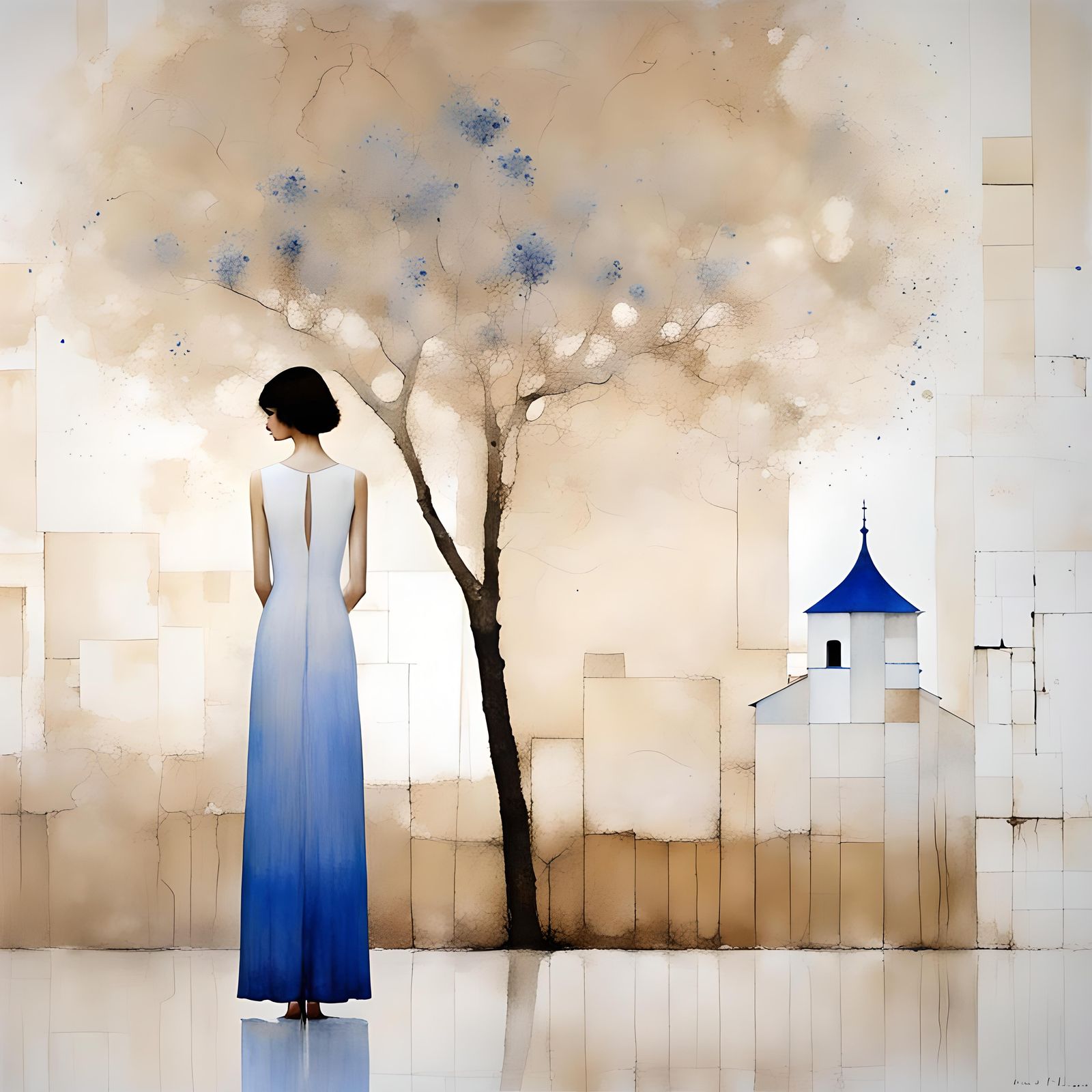 Minimalist House and Tree Mural in Soft Colors