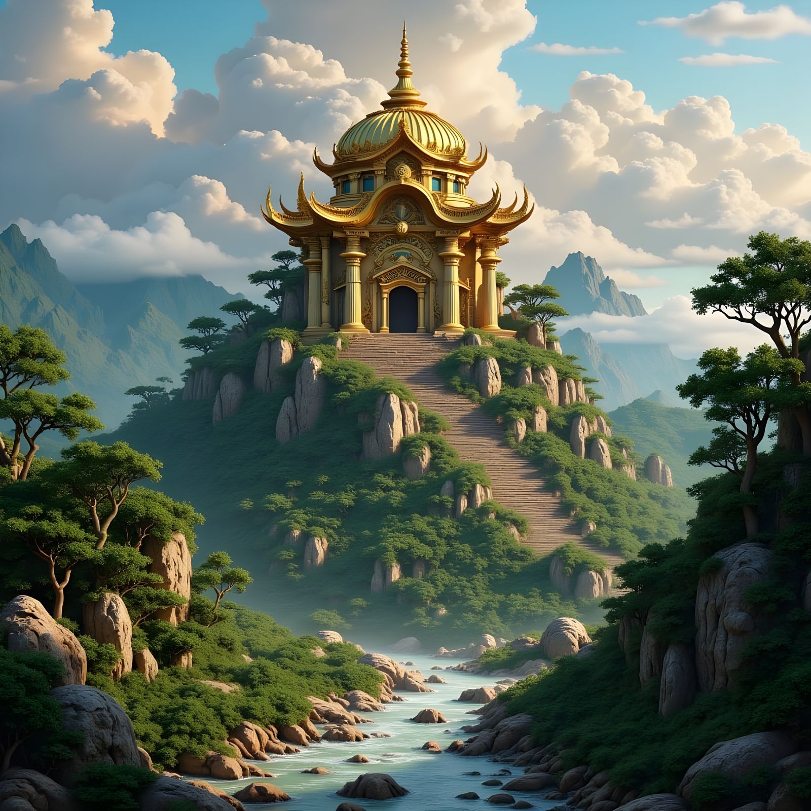 Lush Temple Garden with River in Matte Painting Style