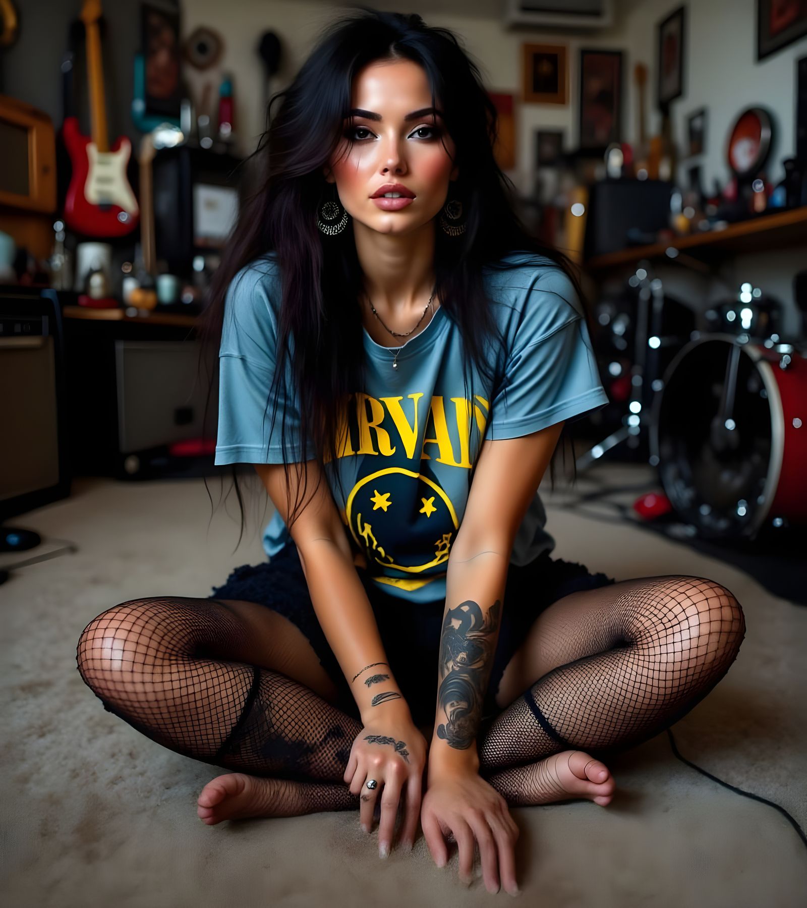 Woman in Nirvana T-Shirt and Fishnets
