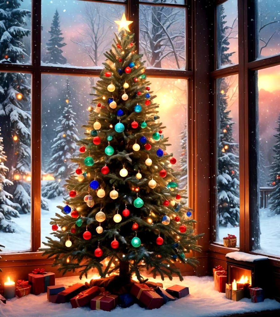 Christmas Tree by Fireplace in Snowy Scene