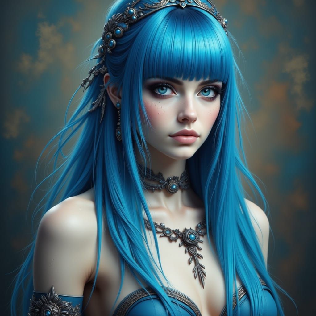 Fantasy Beauty with Blunt Bangs in Blue Tones