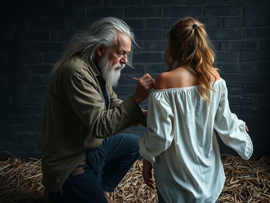 Intense Portrait of an Old Man Painting a Young Woman