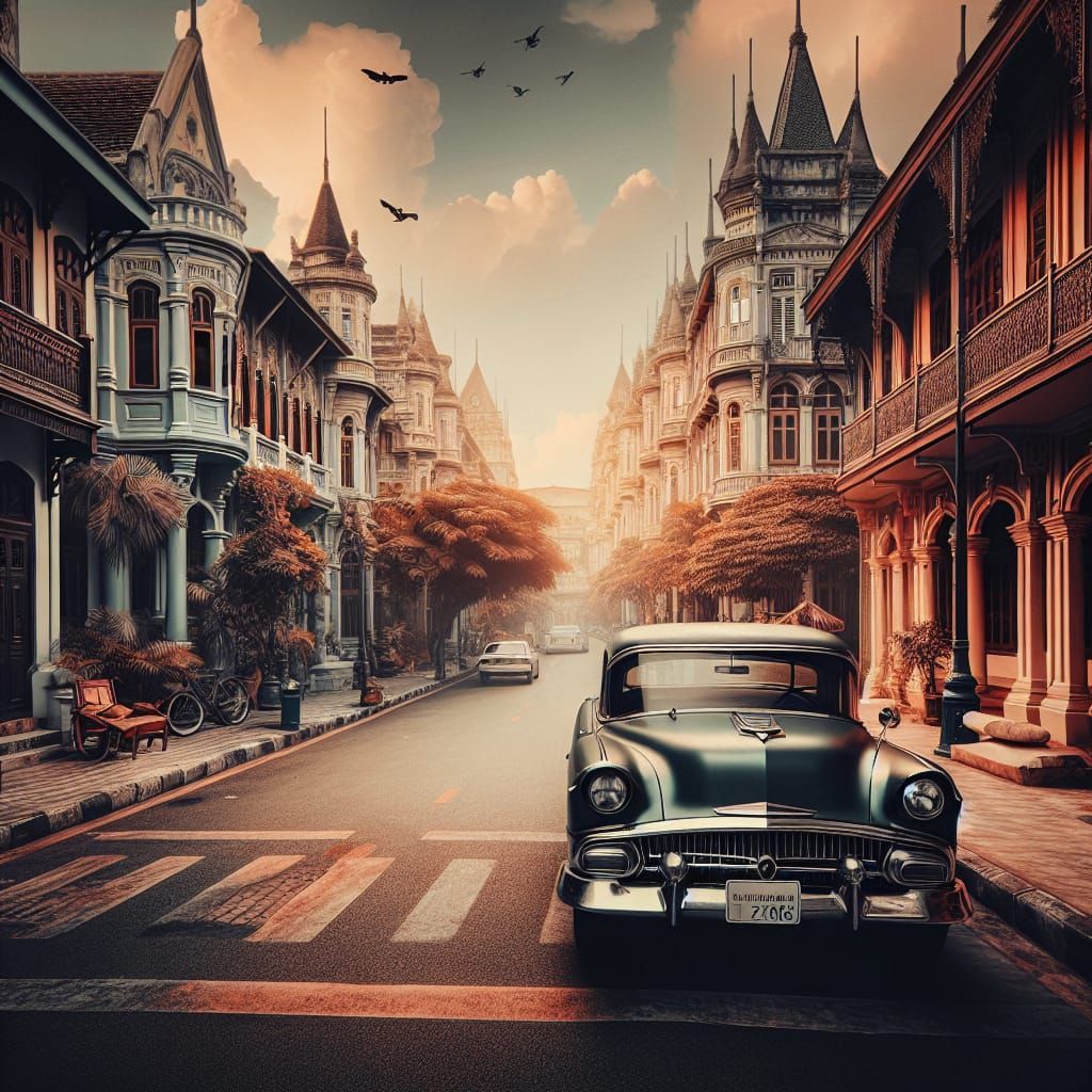 Classic Car on Historic Street in Vintage Style