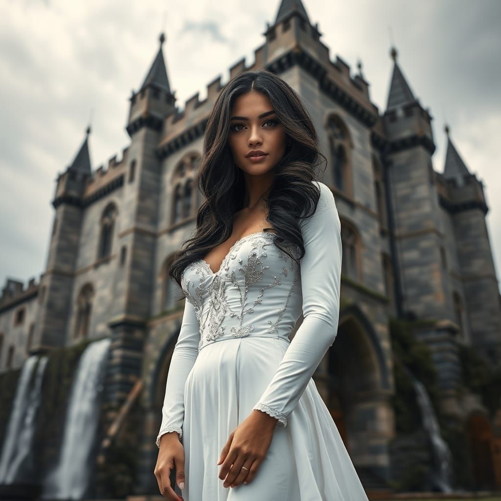 Woman in White Gown Posing at Medieval Castle