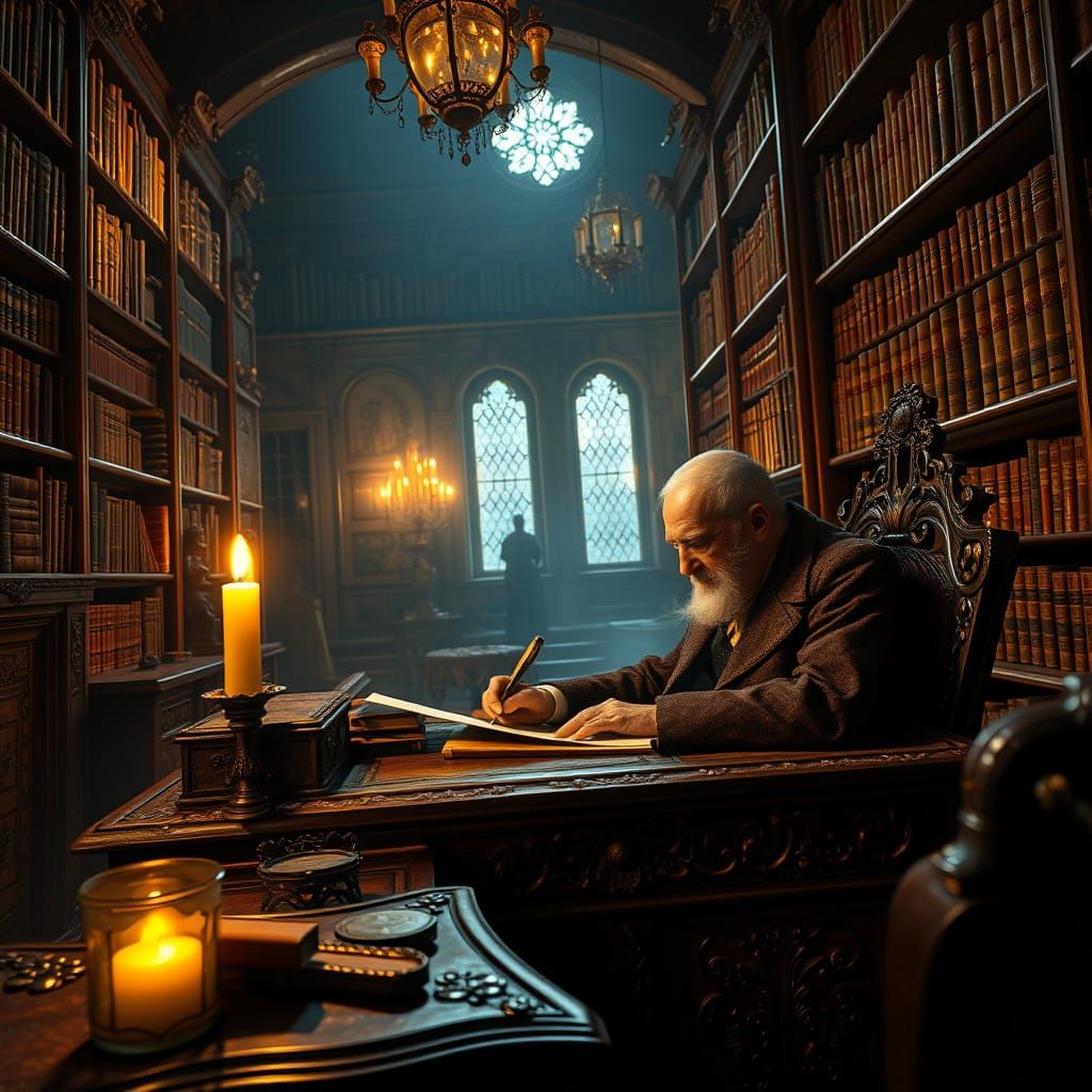 Ebenezer Scrooge in Mystical Study with Candlelight