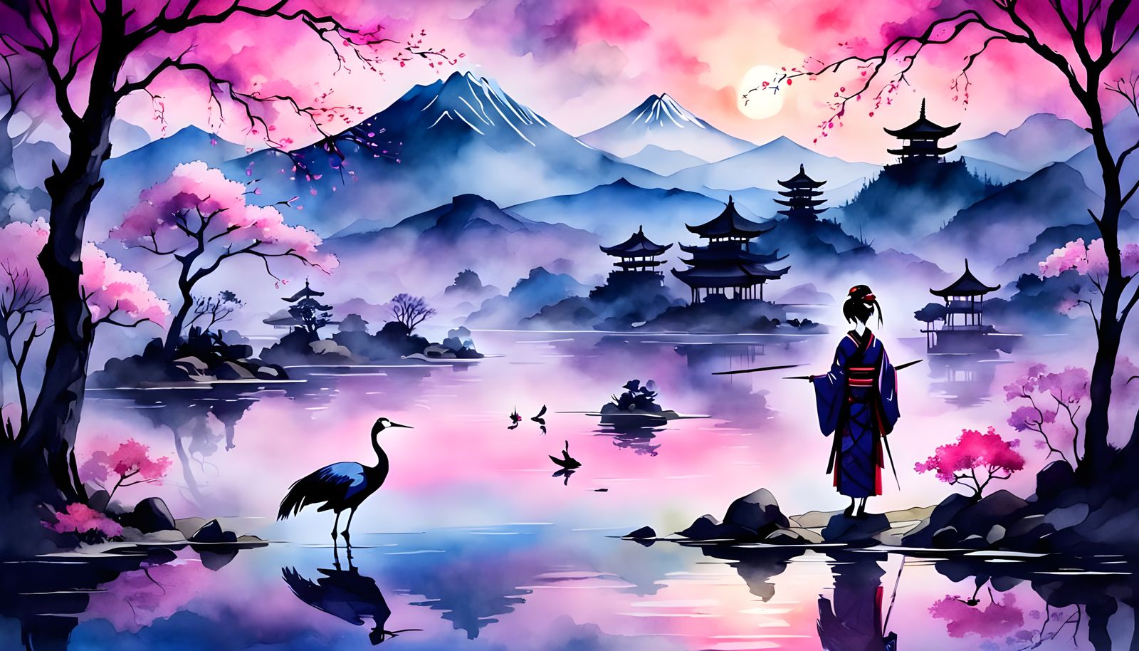 Geisha and Crane at Sunset: Watercolor Art