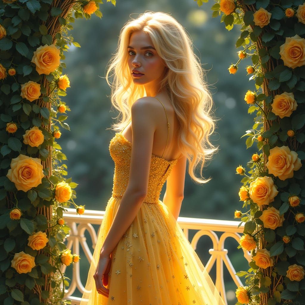 Ethereal Golden Goddess on Cosmic Balcony