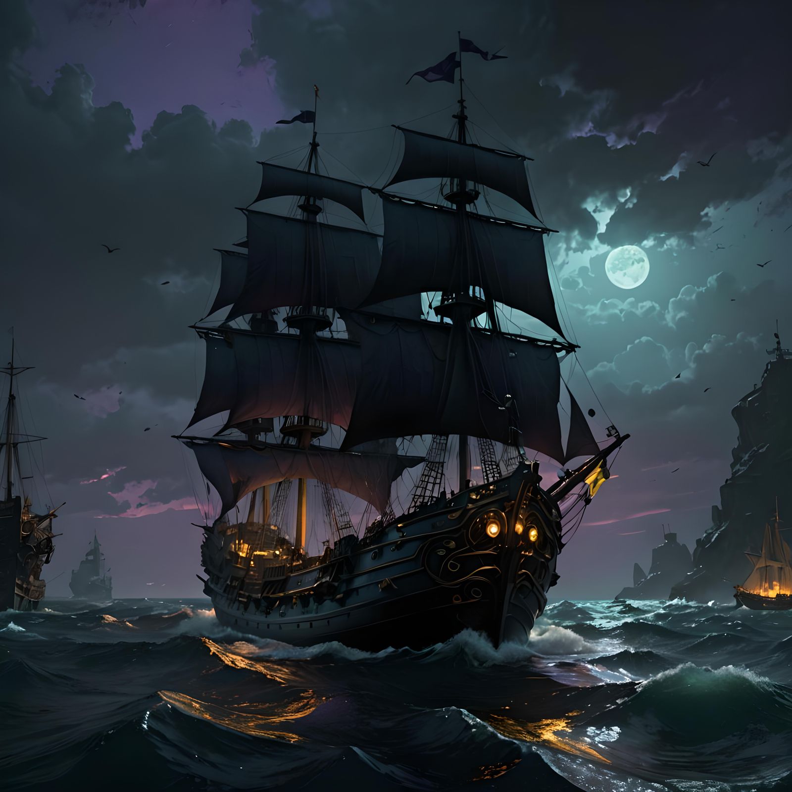 Epic Ship on Dark Sea: Fantasy Art