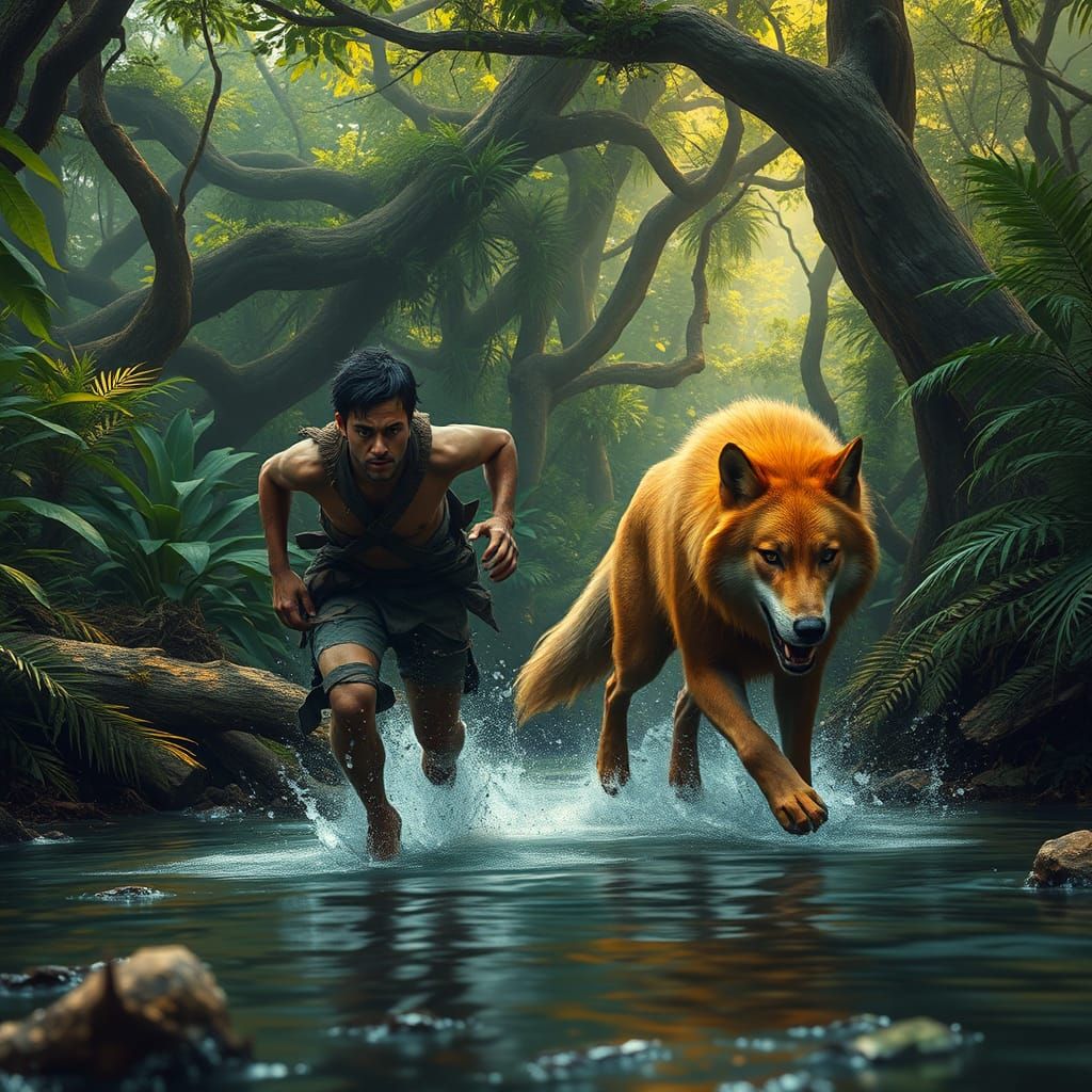 Jungle Chase: Man Fleeing Golden Wolf, Digital Matte Paintin...