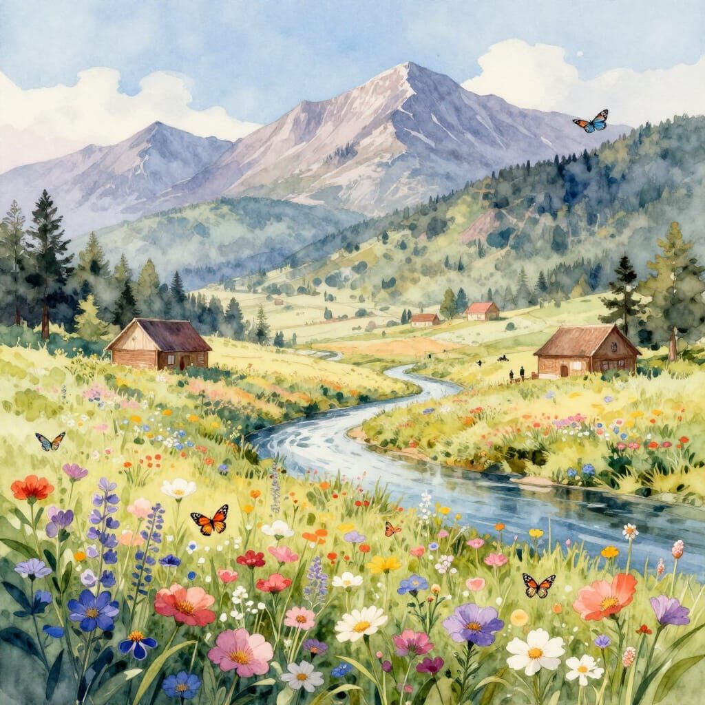 Fantasy Flower Meadow with River and Butterflies in Morning ...
