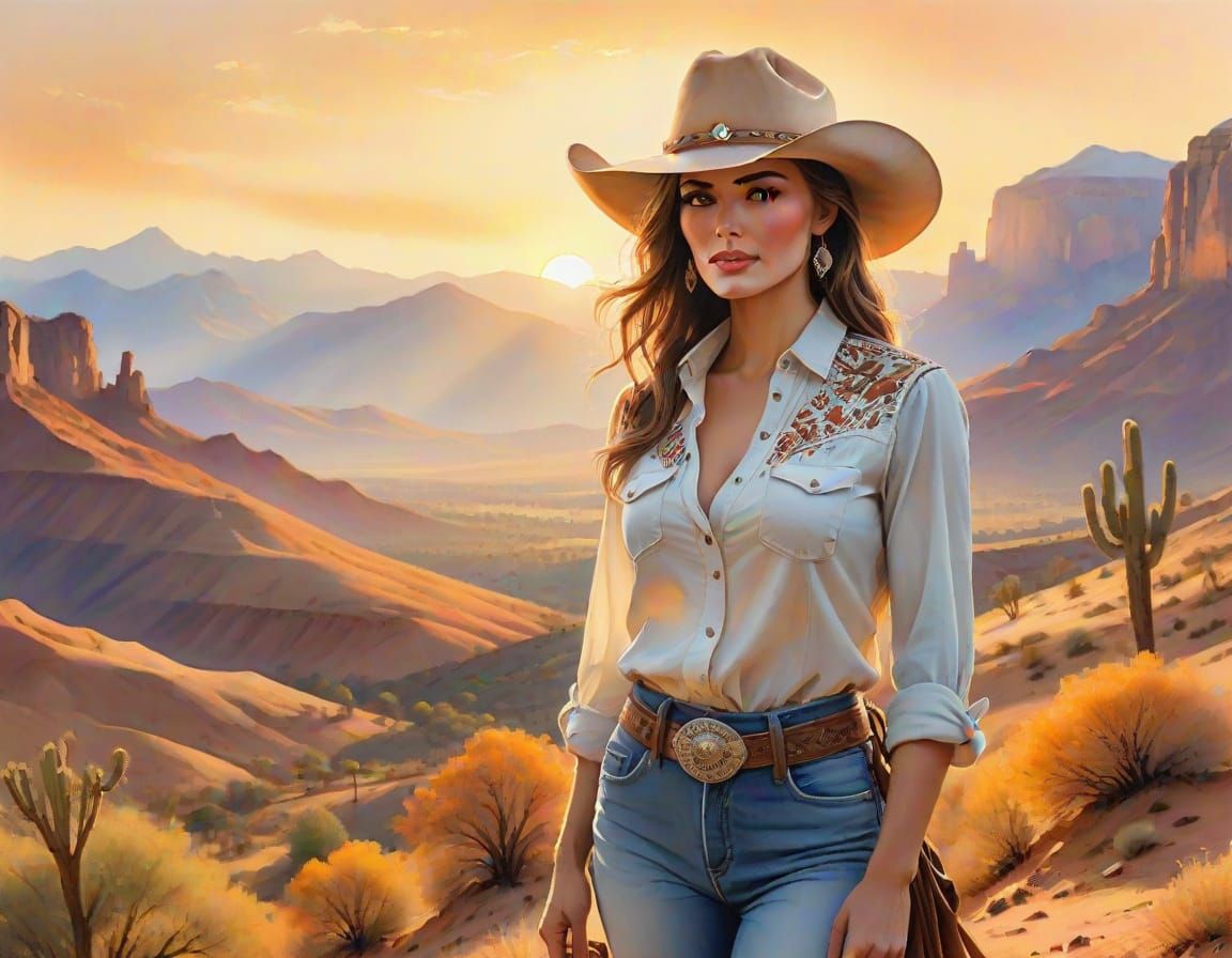 Cowgirl in Panoramic Landscapes as Watercolor Painting