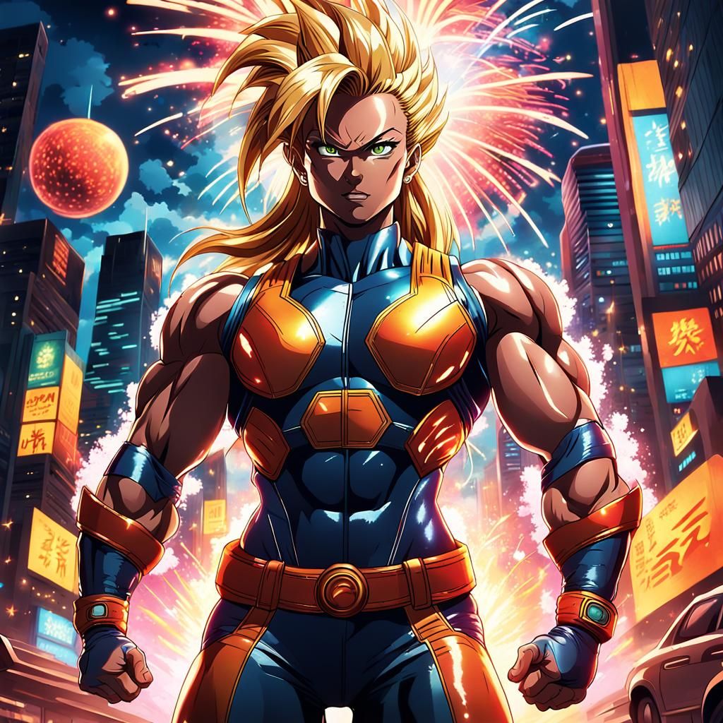 Anime Super Saiyan Woman in Retro Metropolis