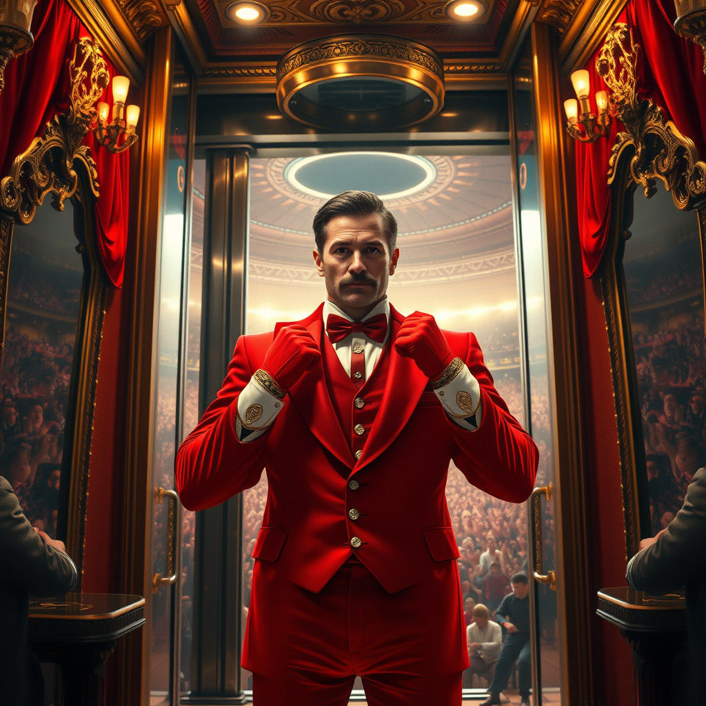 Moustachioed Man Ascends to Arena in Surreal Art Style