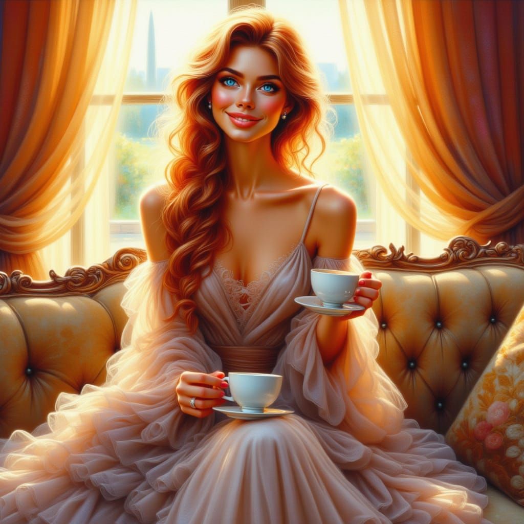 Woman Sipping Tea in Sunlit Room, Impressionistic Oil Painti...