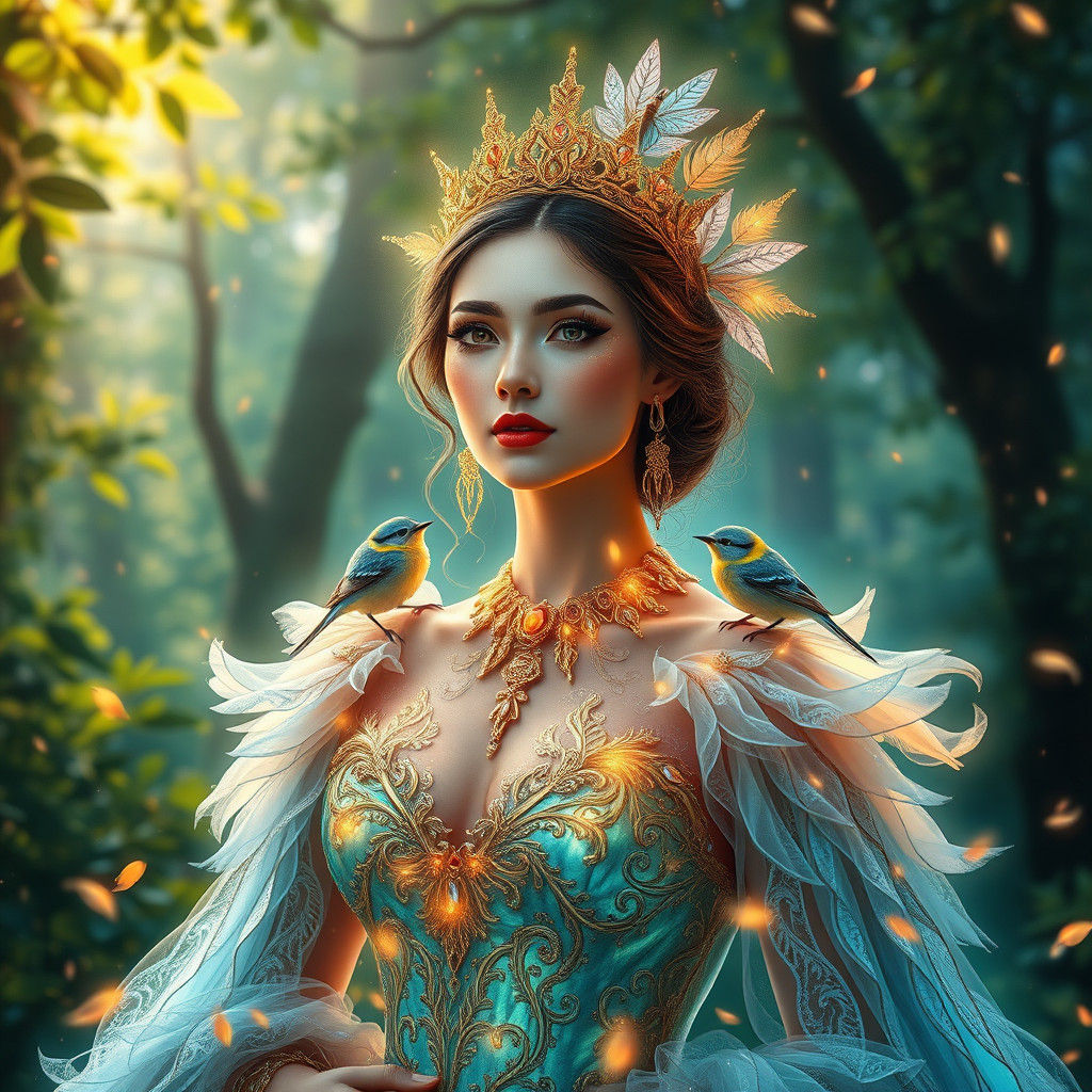 Ethereal Woman in Aurora Gown: Digital Art