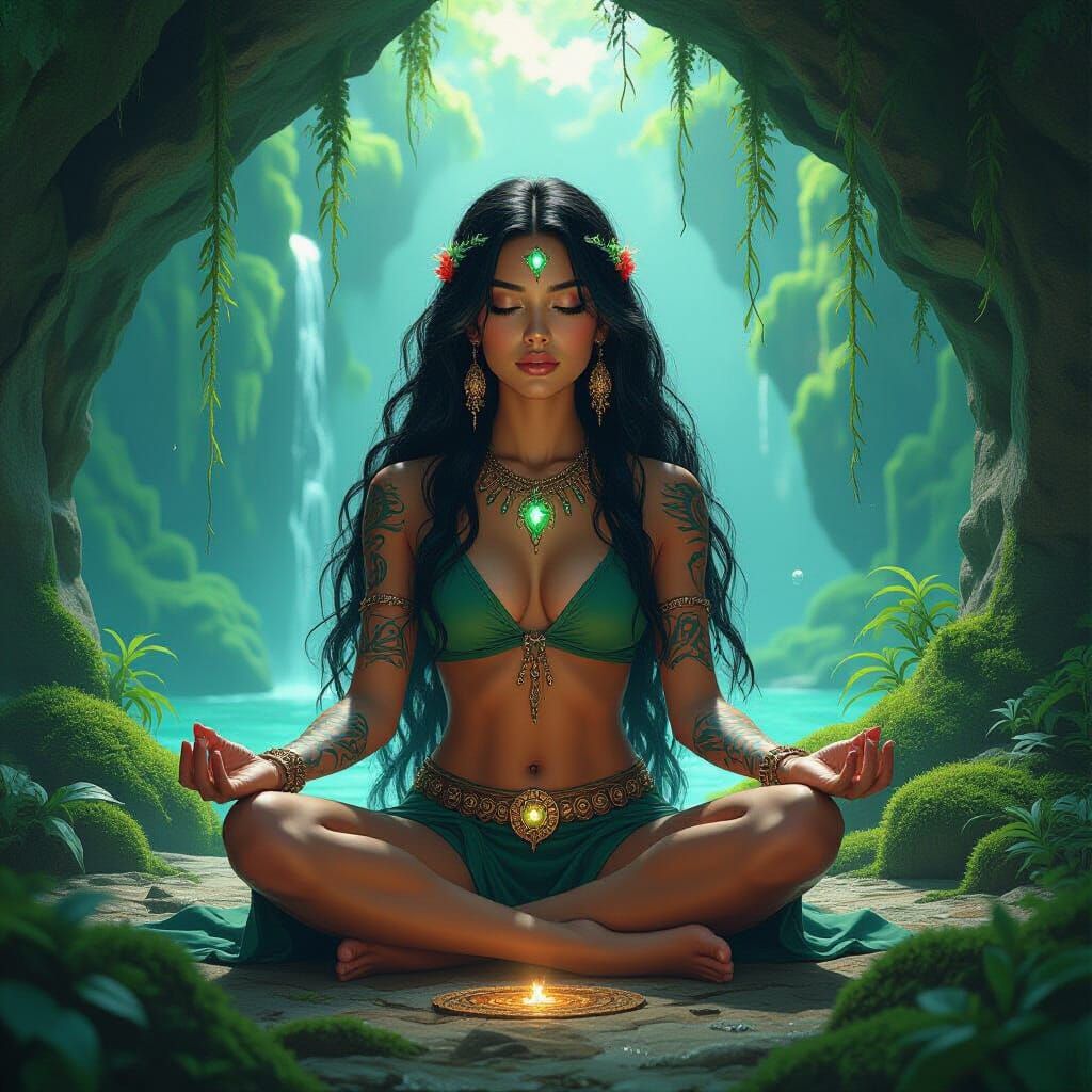 Emerald Goddess Meditates in Bioluminescent Grotto