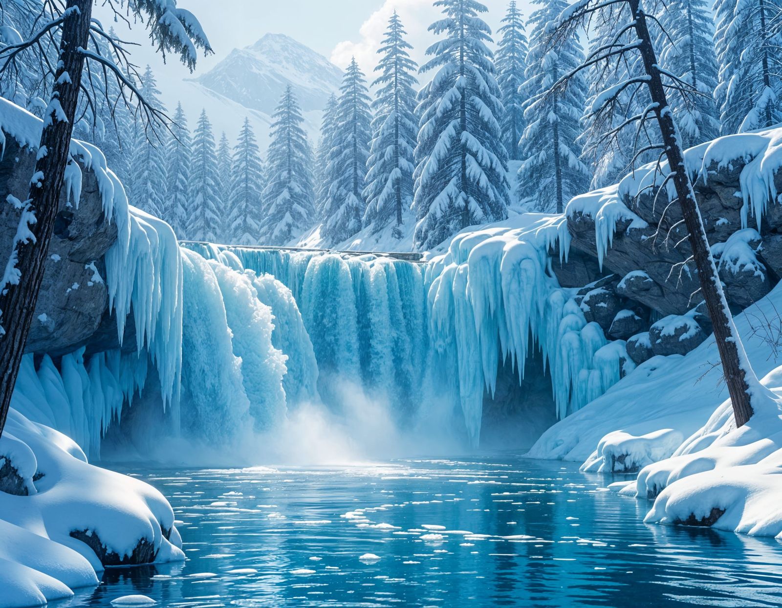 A waterfall in a winter forest, a torrent of running water f...