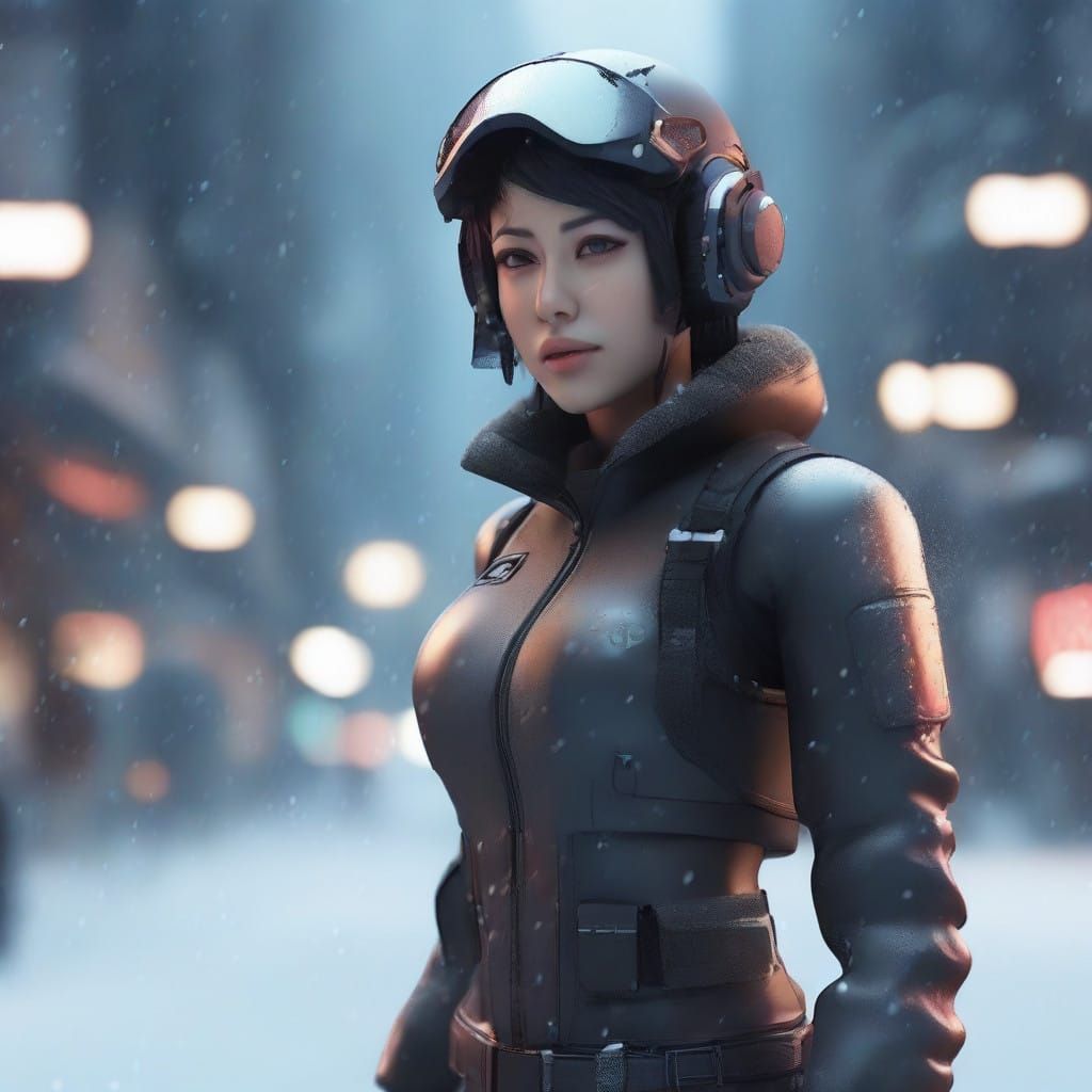 Scifi Soldier Anime Girl in a snow storm...