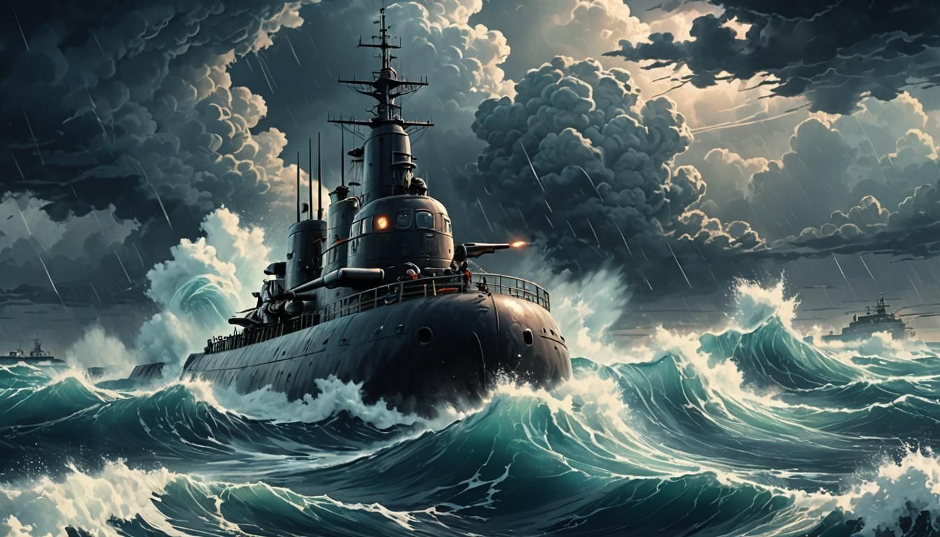 Submarine Sails Raging Ocean in Anime Style
