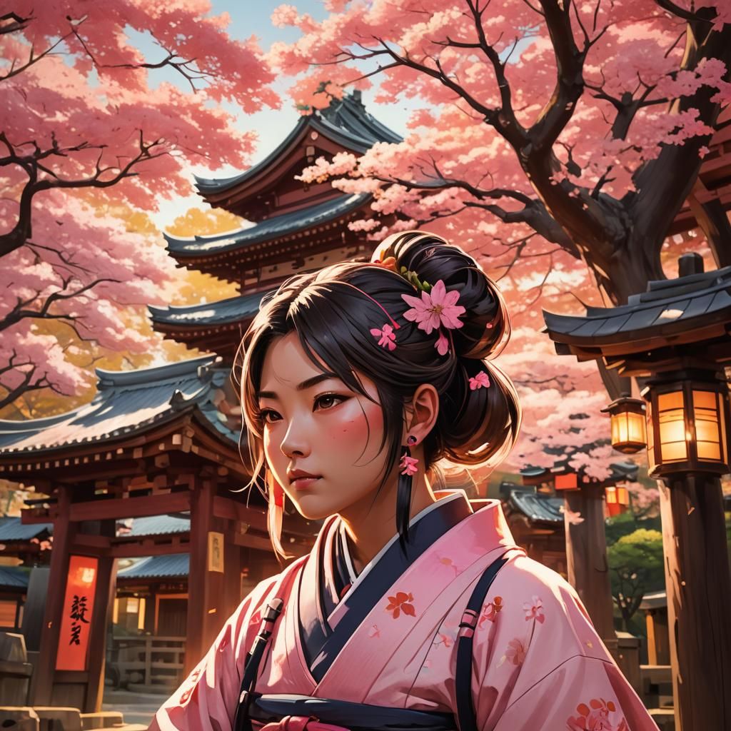 Anime Samurai Girl at Shinto Shrine in Autumn