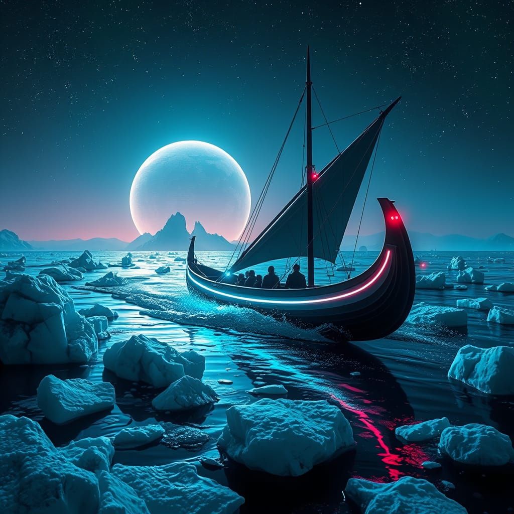 Cyberpunk Ship Sails Alien Seas Under Starry Sky