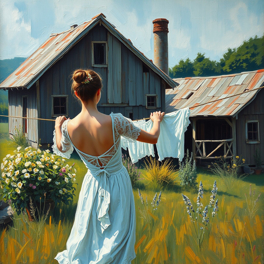 Woman Hanging Laundry: Surreal Impasto Oil Painting
