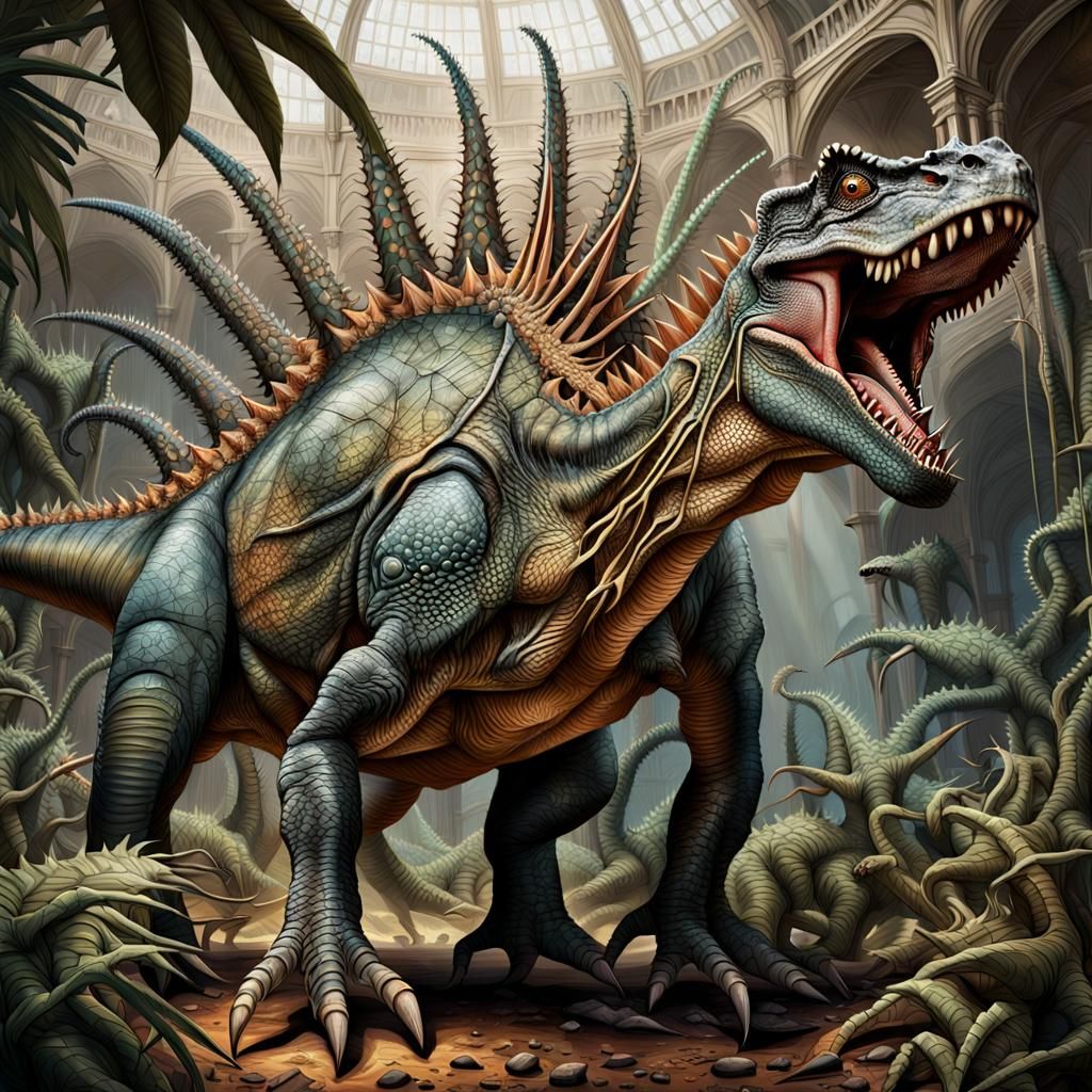 Stegosaurus Ensnared in a Fantastical Spider's Web