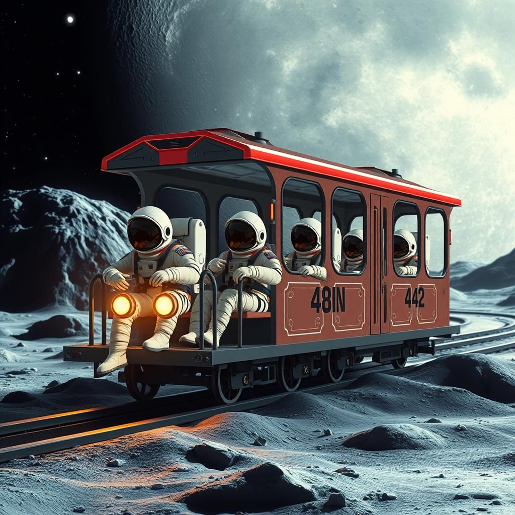 Astronauts Ride Tourist Train on the Moon
