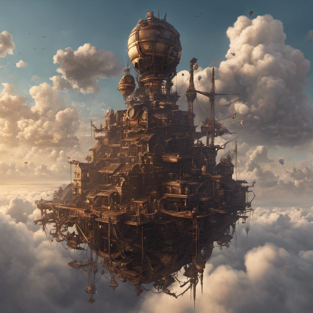 Steampunk City Floating Above Clouds in Dark Fantasy Style