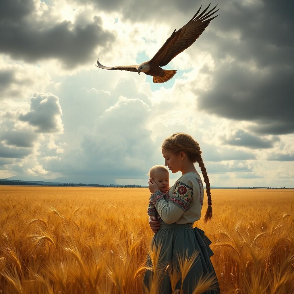 Ukrainian Girl and Baby in Golden Wheat Field