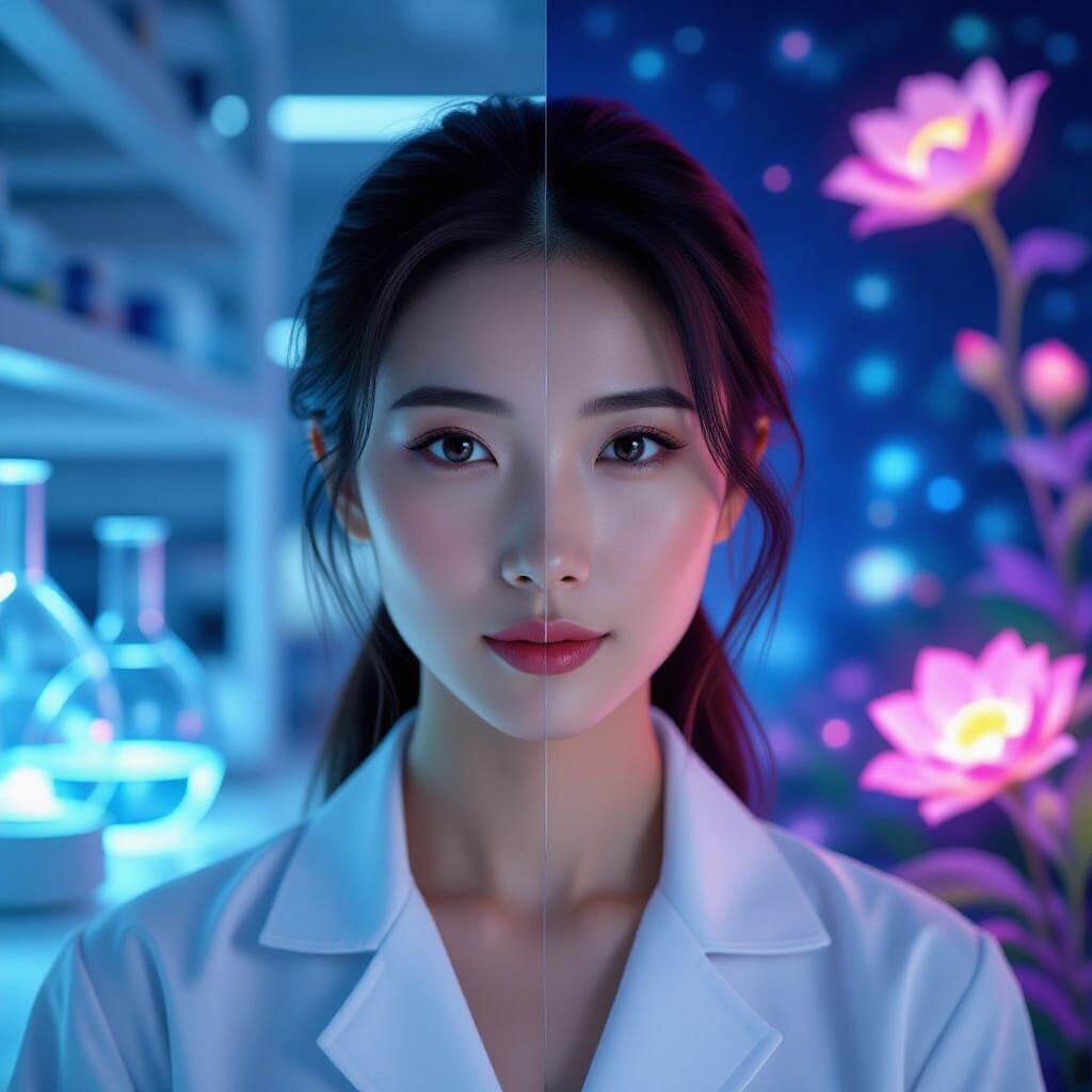 Duality Portrait: Sci-Fi Lab Meets Fantasy Landscape
