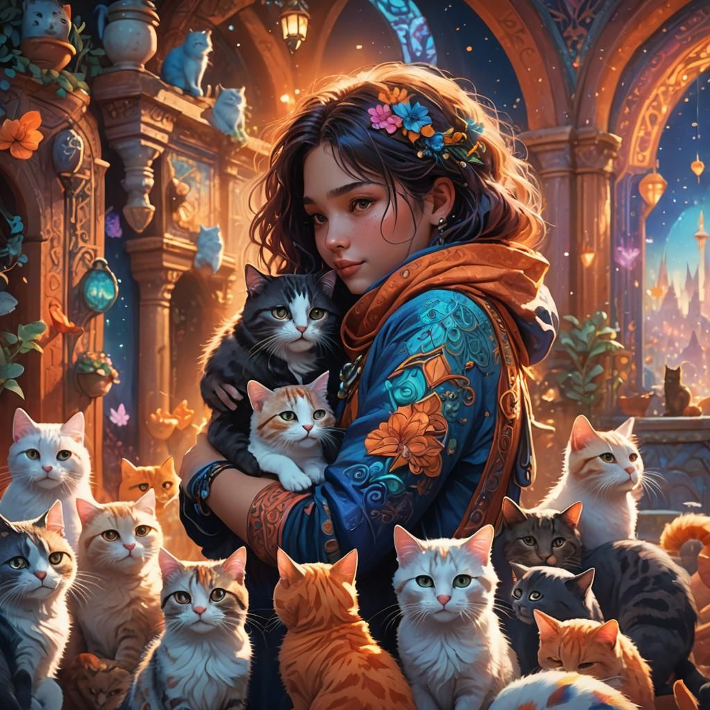Person Hugging Cats in Dreamlike Fantasy Art