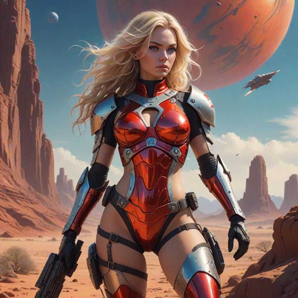 Blonde Warrior on Alien Planet in Sci-Fi Style
