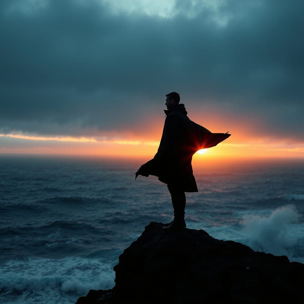Majestic Sunset Silhouette on Stormy Sea