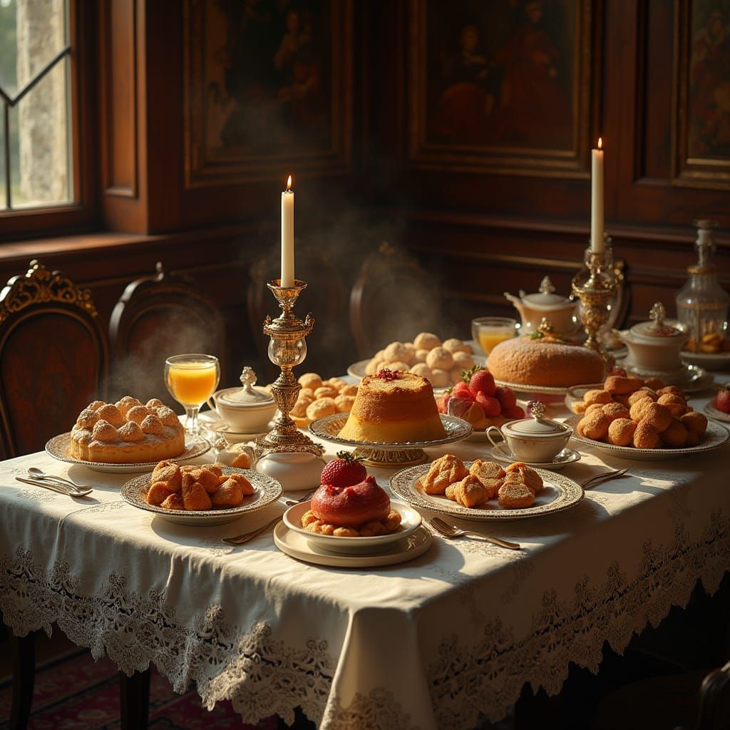 Opulent Scandinavian Dessert Table in Warm Golden Light