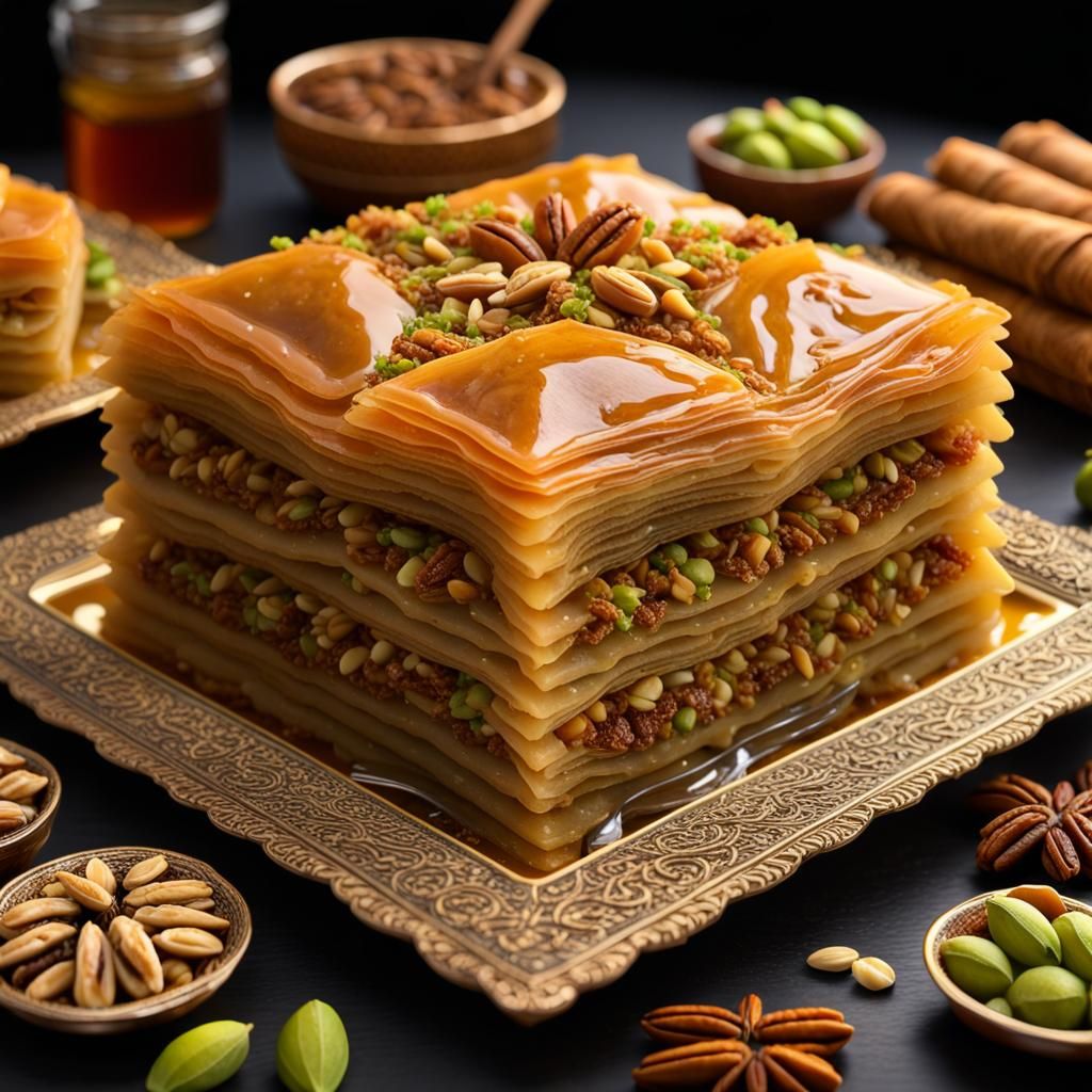 Hyperrealistic Baklava Masterpiece with Nuts and Honey