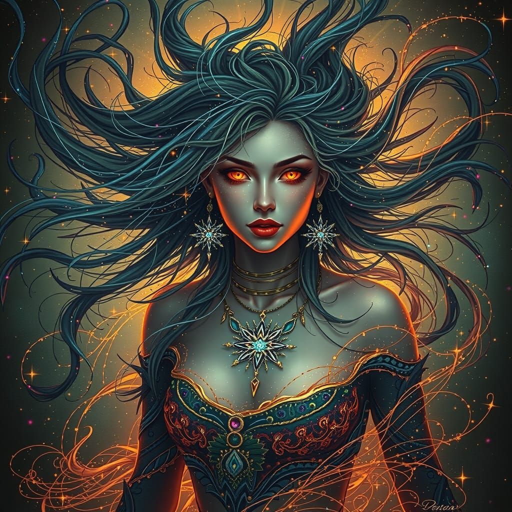 Luminous Goddess with Rainbow Hair and Glowing Eyes